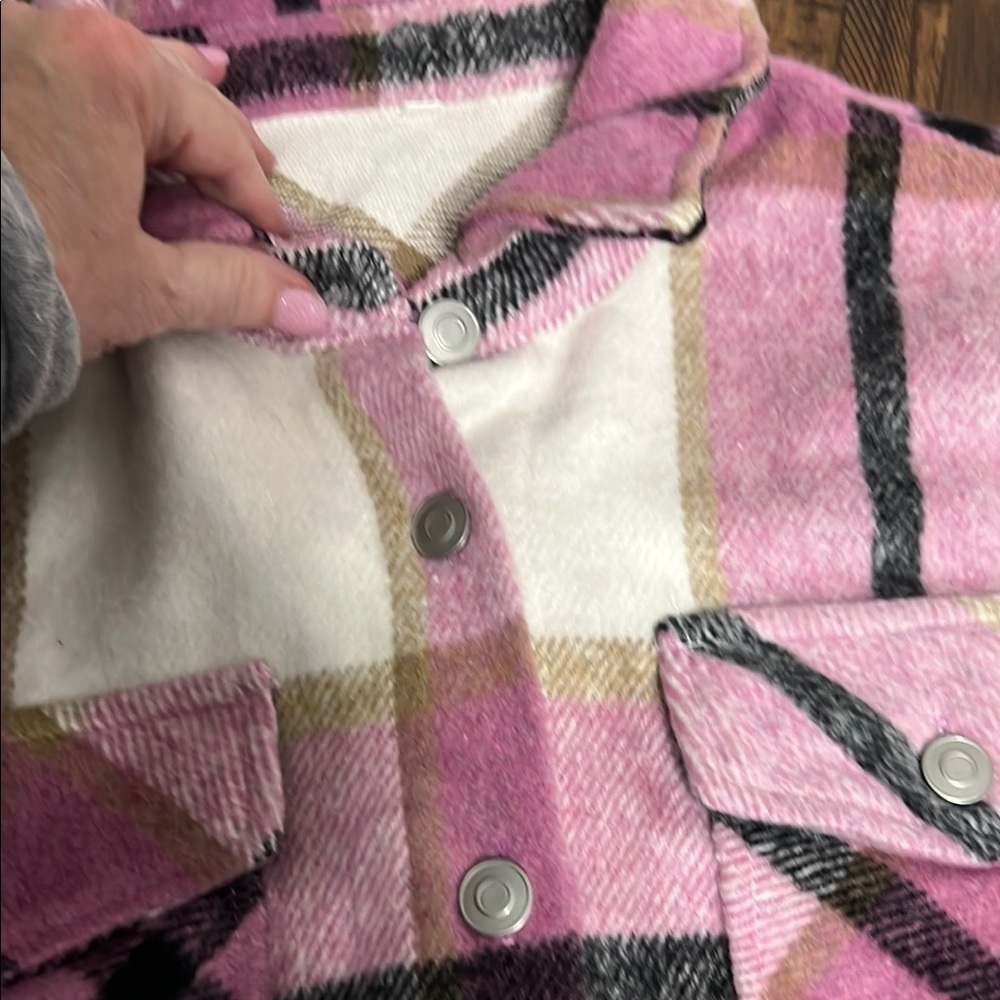 Classic Plaid Pink and White Women's Jacket Shacket pockets. front side & chest - Picture 10 of 12